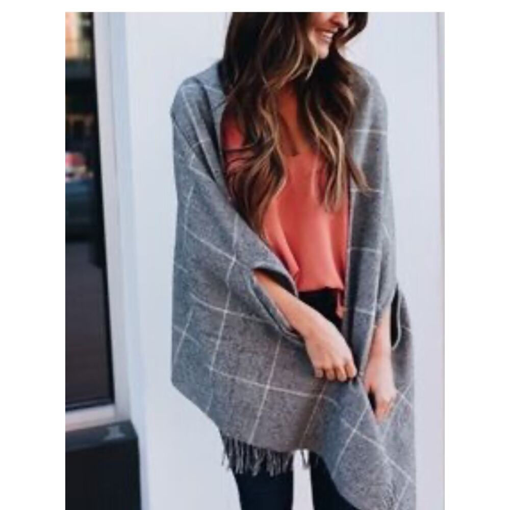 Madewell Grey Black White Plaid Cape Scarf Armholes w fringe Wool Overzied